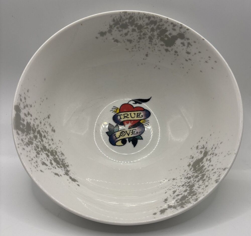 Ed Hardy True Love Tattoo Style Ceramic Bowl Gray Splatter Pasta Soup Dish